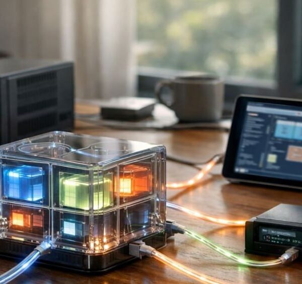 Куб с подсветкой и техникой на столе, подключенный к ноутбуку и планшету.