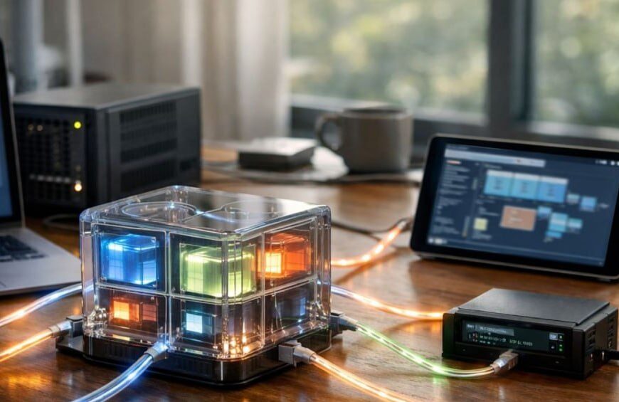 Куб с подсветкой и техникой на столе, подключенный к ноутбуку и планшету.