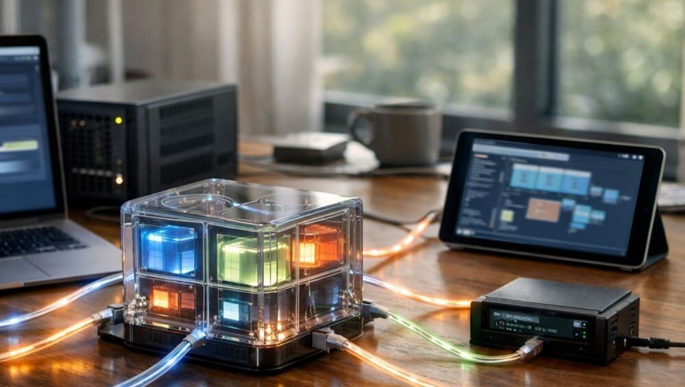 Copilot CLI получил поддержку ACP — стандарт для агентных интеграций... 1 Куб с подсветкой и техникой на столе, подключенный к ноутбуку и планшету.