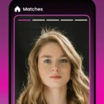 Приложение знакомств с функцией подбора, кадр с женским профилем и интерфейсом приложения.