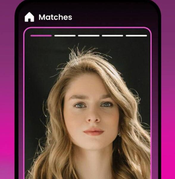 Приложение знакомств с функцией подбора, кадр с женским профилем и интерфейсом приложения.