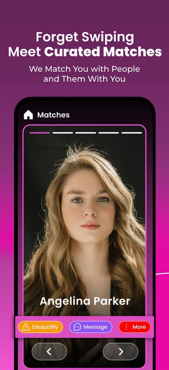 ИИ вместо свайпов: Fate подбирает партнёров по ценностям В сети... 3 Приложение знакомств с функцией подбора, кадр с женским профилем и интерфейсом приложения.