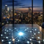 Офис с видом на город, серверы и голографический стол с диаграммой сети.