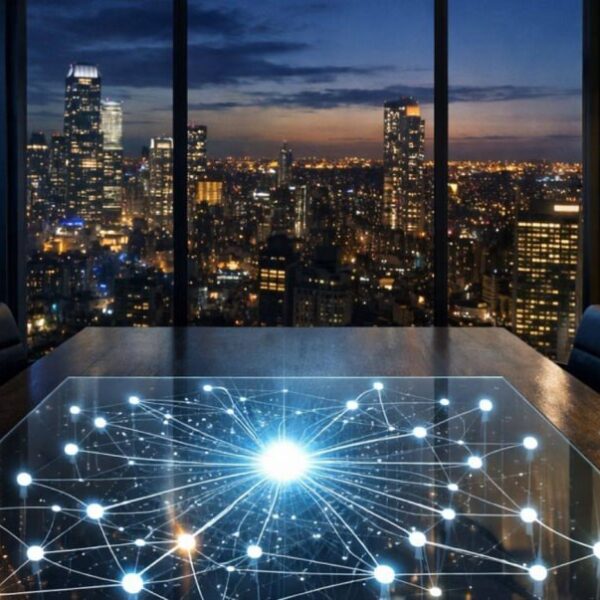 Офис с видом на город, серверы и голографический стол с диаграммой сети.