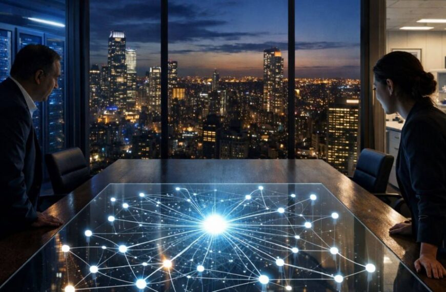 Офис с видом на город, серверы и голографический стол с диаграммой сети.