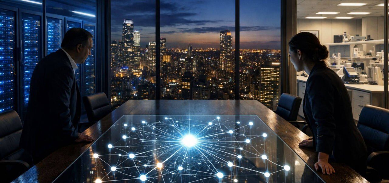 Офис с видом на город, серверы и голографический стол с диаграммой сети.