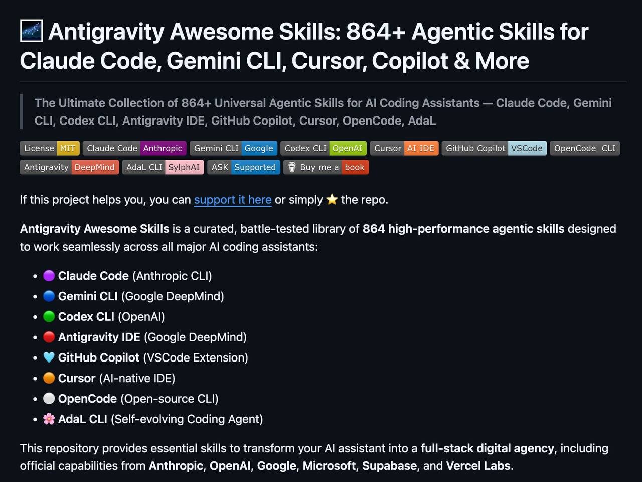 860+ навыков для ИИ-агентов — готовый каталог автоматизации Найден крупный... 2 Навыки Antigravity для AI ассистентов: Claude Code, Gemini CLI, Copilot и другие.