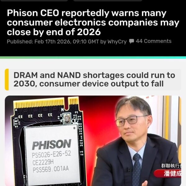 Фотография микросхемы Phison с заголовками о дефиците чипов и предупреждениями гендиректора.