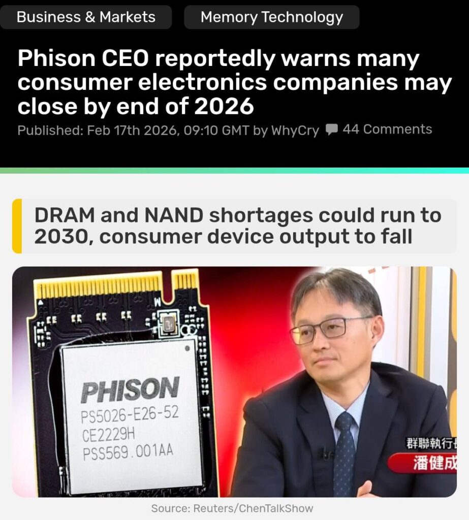 Дефицит ОЗУ и SSD до 2030-го? Прогноз CEO Phison Глава... 1 Фотография микросхемы Phison с заголовками о дефиците чипов и предупреждениями гендиректора.