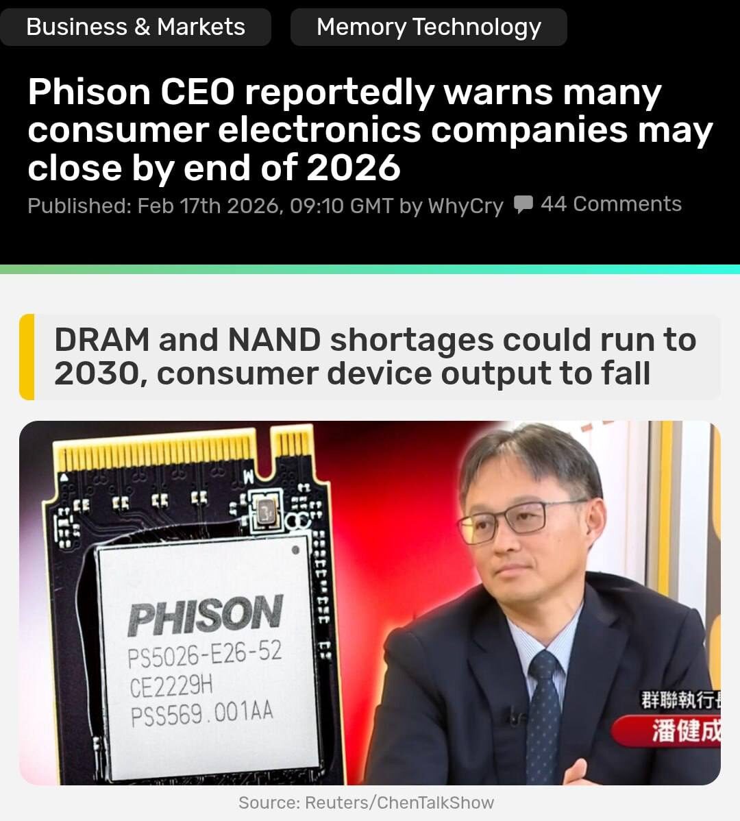 Дефицит ОЗУ и SSD до 2030-го? Прогноз CEO Phison Глава... 2 Фотография микросхемы Phison с заголовками о дефиците чипов и предупреждениями гендиректора.