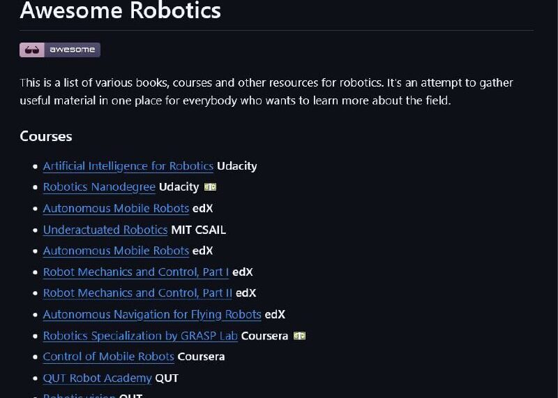 Список онлайн-курсов по робототехнике: AI, мобильные роботы, управление, автономная навигация.