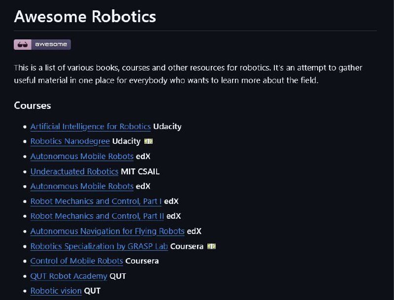 База по робототехнике — от MIT до ROS в одном... 1 Список онлайн-курсов по робототехнике: AI, мобильные роботы, управление, автономная навигация.