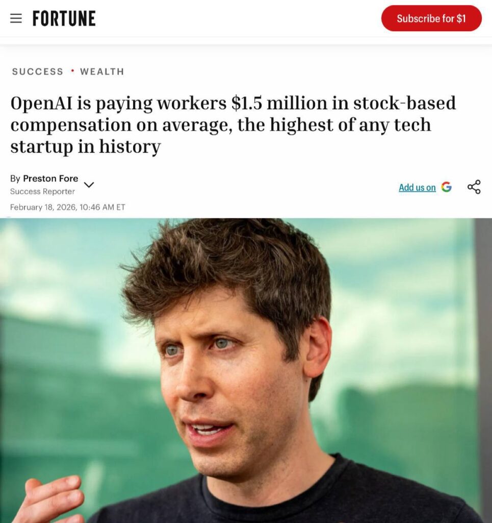 OpenAI выплачивает работникам $1,5 млн в виде акций, рекорд среди стартапов.