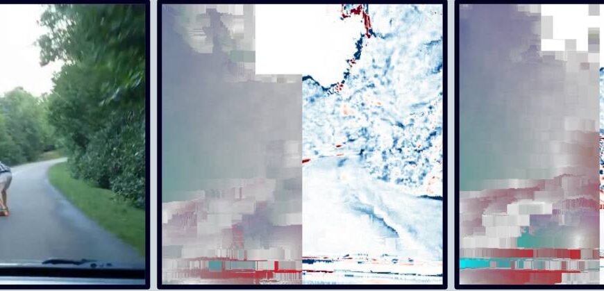Человек на скейтборде едет по дороге в лесу, окружающий пейзаж размытый.