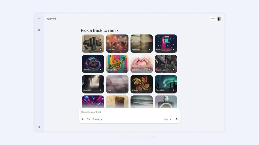 В Gemini появилась генерация музыки — модель Lyria 3 Google... 1 Интерфейс выбора трека для ремикса в приложении Gemini, отображение различных музыкальных жанров.