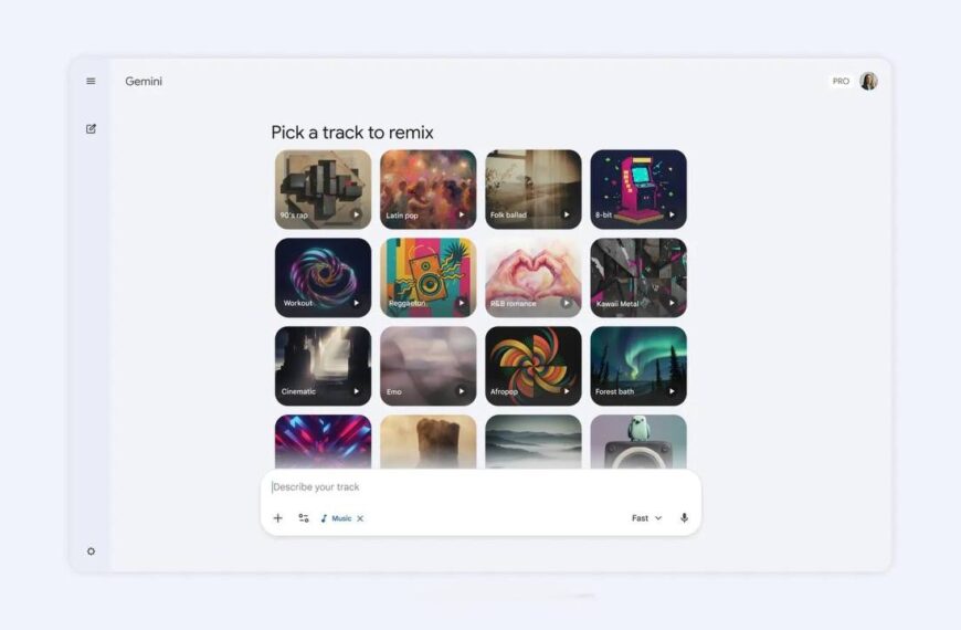 Интерфейс выбора трека для ремикса в приложении Gemini, отображение различных музыкальных жанров.