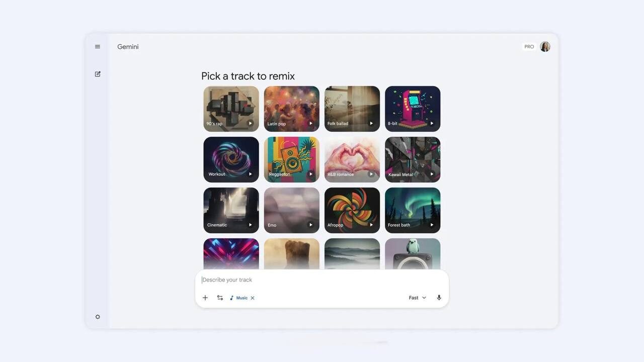 В Gemini появилась генерация музыки — модель Lyria 3 Google... 3 Интерфейс выбора трека для ремикса в приложении Gemini, отображение различных музыкальных жанров.