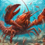 Гигантский омар под водой с маленькими крабами и креветками на морском дне.