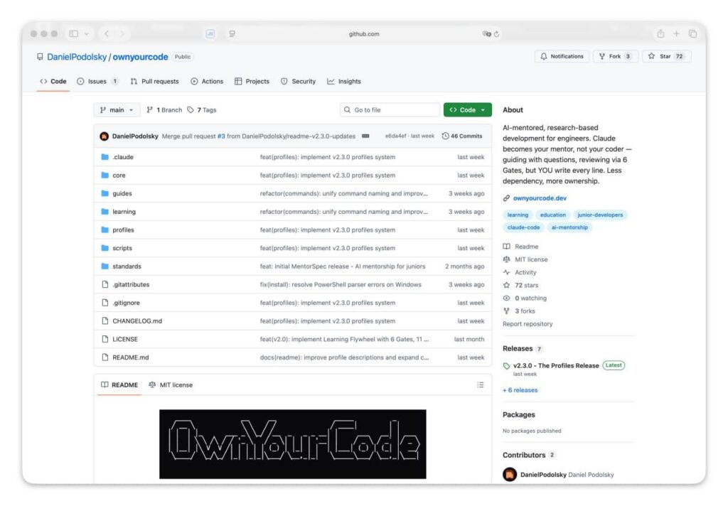 GitHub репозиторий с файлами и описанием проекта для менторства программистов.