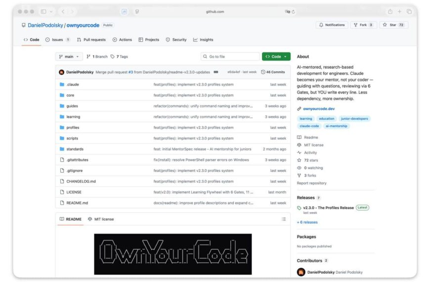 GitHub репозиторий с файлами и описанием проекта для менторства программистов.