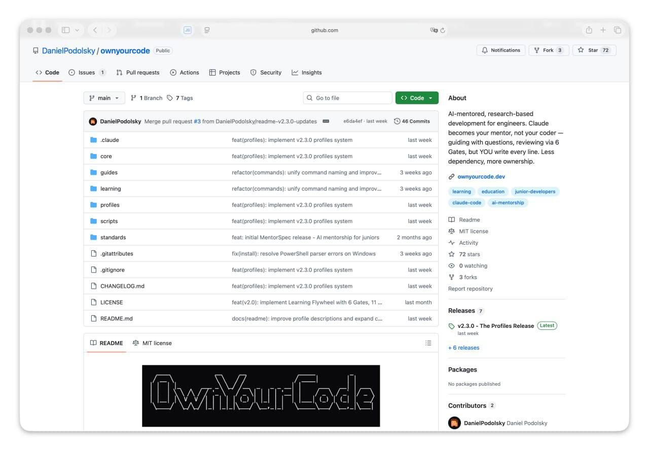 GitHub репозиторий с файлами и описанием проекта для менторства программистов.