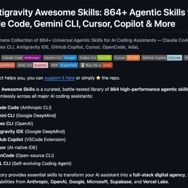 Антигравити: 864+ навыков для AI ассистентов как Claude и GitHub Copilot.