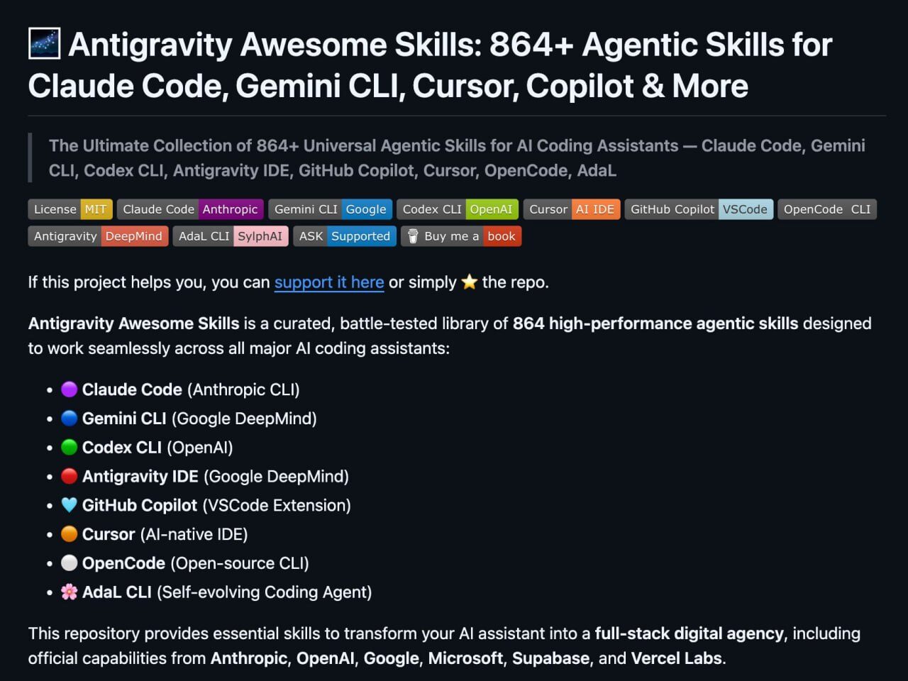 🚀 Нашли 864+ готовых навыков для ИИ-агентов — библиотека для... 1 Антигравити: 864+ навыков для AI ассистентов как Claude и GitHub Copilot.