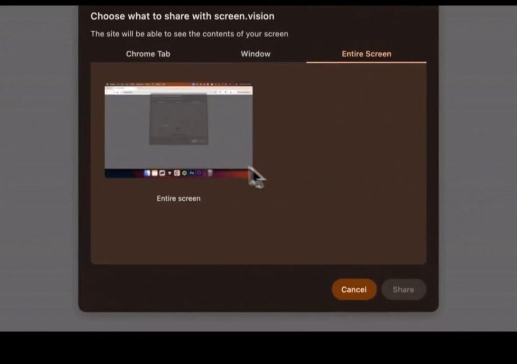 Экран выбора области для общего доступа в приложении, выделена вся область экрана.