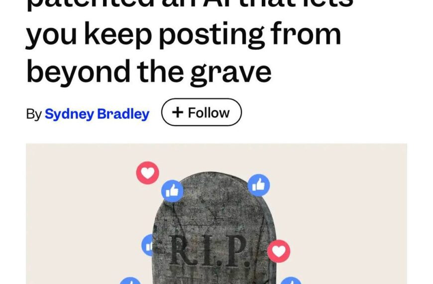 Изображение: могильная плита с лайками Facebook; статья об ИИ для постинга после смерти.