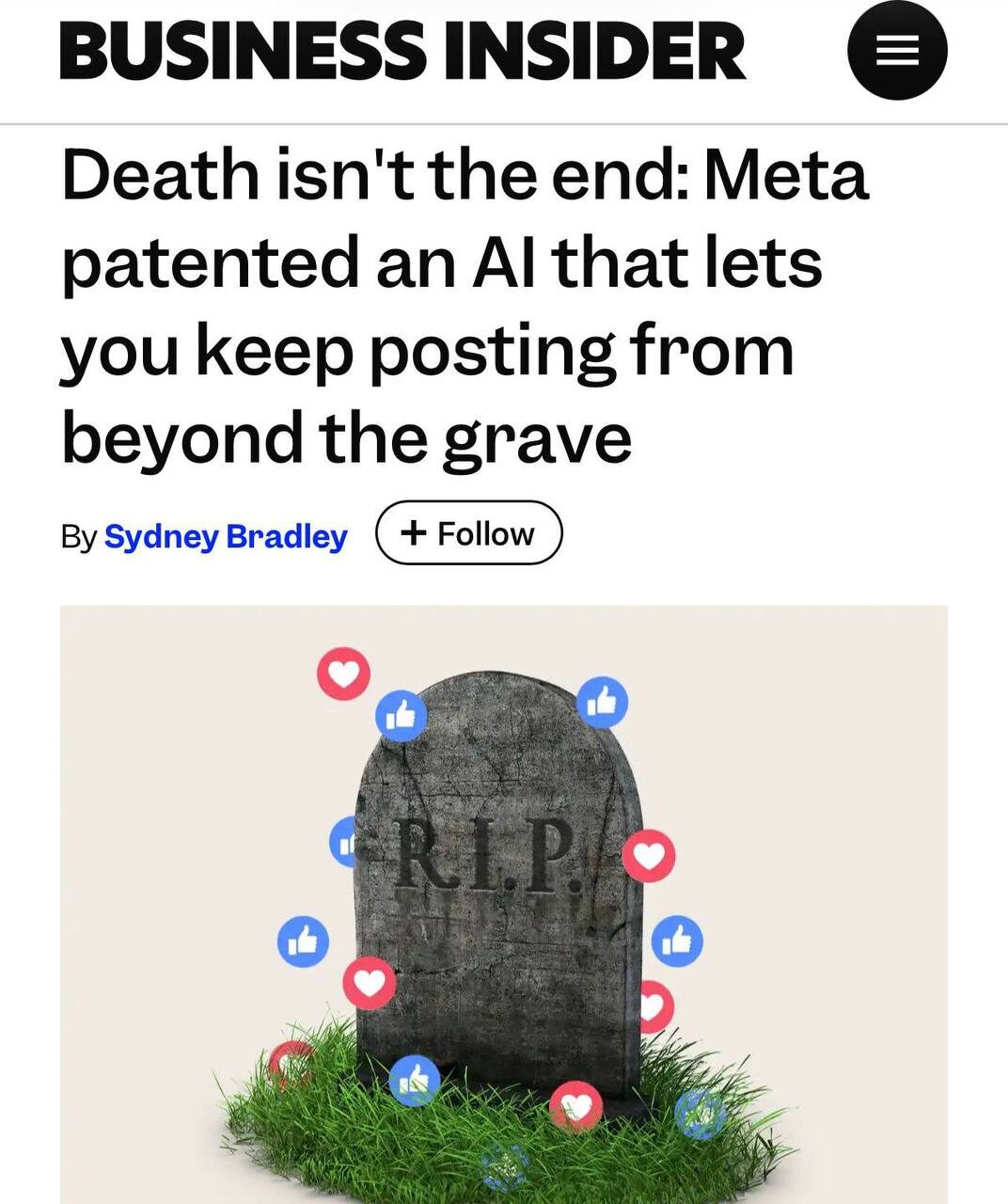 Изображение: могильная плита с лайками Facebook; статья об ИИ для постинга после смерти.