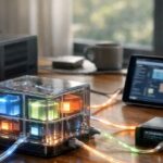 Компьютер с цветными кубами и планшетом на деревянном столе.