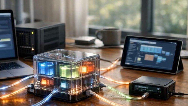 Компьютер с цветными кубами и планшетом на деревянном столе.