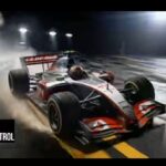 Болид Формулы-1 на трассе, ночные гонки, спидвей, высокая скорость.