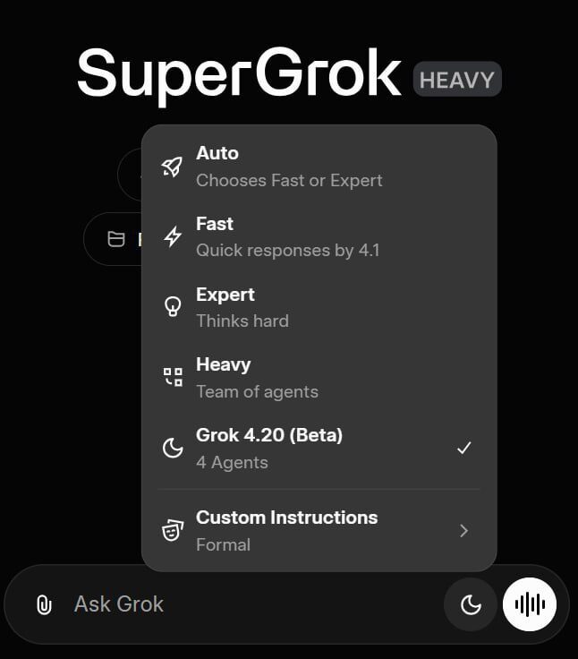 Grok 4.20 уже доступен для всех юзеров🔥 xAI выкатили обнову,... 3 Интерфейс SuperGrok с выбором режимов: Auto, Fast, Expert, Heavy, Grok 4.20 (Beta), Custom.