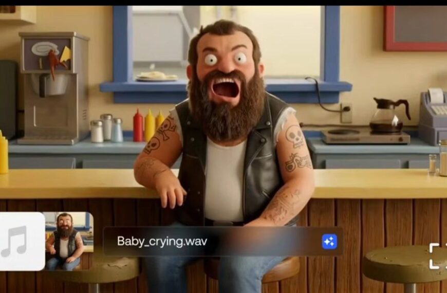 Анимированный персонаж с татуировками сидит за стойкой в кафе, на фоне кетчуп и соль.