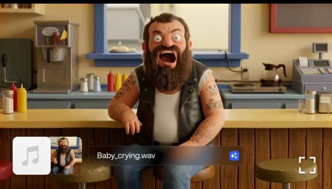 Анимированный персонаж с татуировками сидит за стойкой в кафе, на фоне кетчуп и соль.