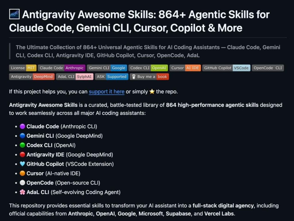 🚀 Нашли 864+ готовых навыков для ИИ-агентов — библиотека для... 1 Antigravity Skills: 864+ навыков для Claude Code, Gemini CLI, Copilot, и других AI помощников.