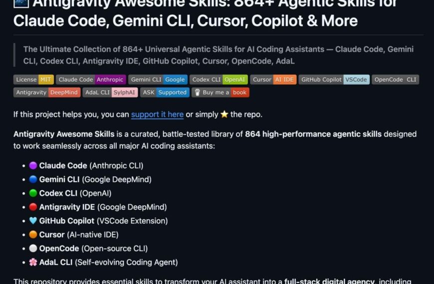 Antigravity Skills: 864+ навыков для Claude Code, Gemini CLI, Copilot, и других AI помощников.