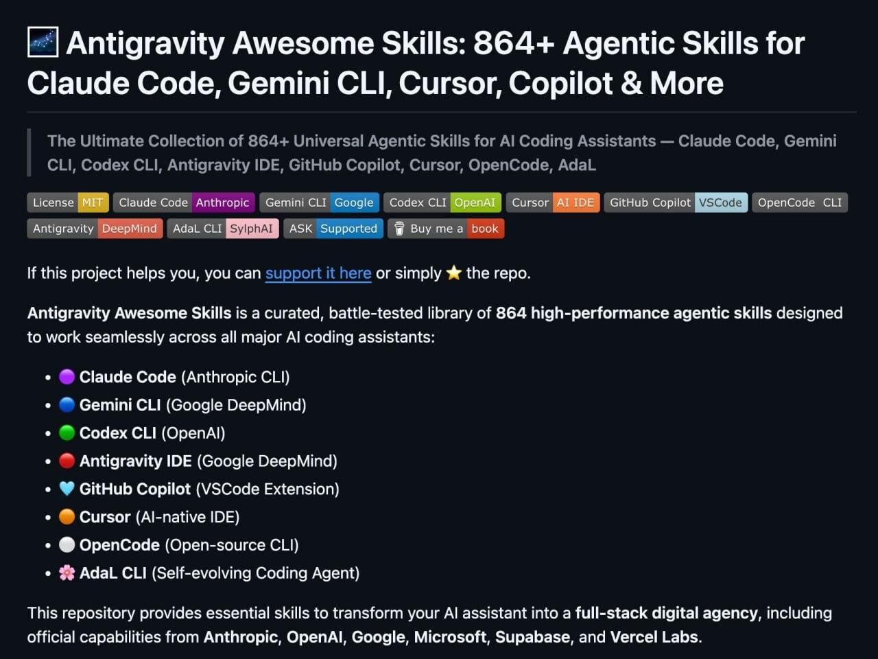 🚀 Нашли 864+ готовых навыков для ИИ-агентов — библиотека для... 2 Antigravity Skills: 864+ навыков для Claude Code, Gemini CLI, Copilot, и других AI помощников.
