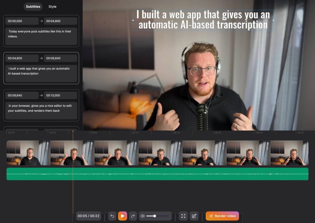 Редактор видео с автотранскрипцией на основе ИИ, интерфейс с субтитрами.