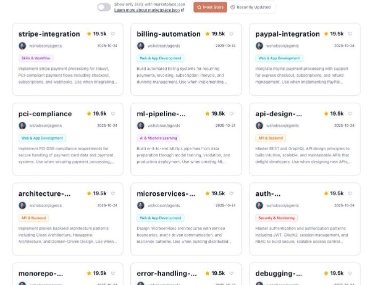 Каталог навыков Claude с разделами и поиском, отображается дата и количество звёзд.