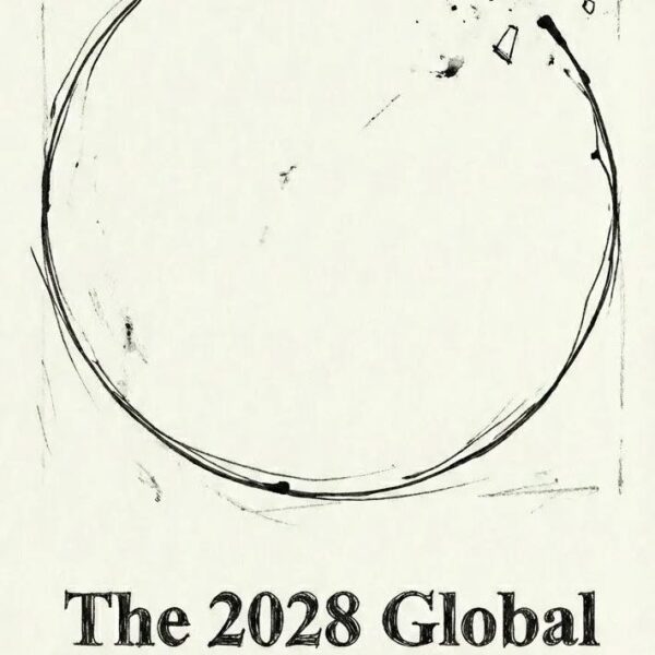 Черно-белый рисунок с кругом и текстом "The 2028 Global Intelligence Crisis".