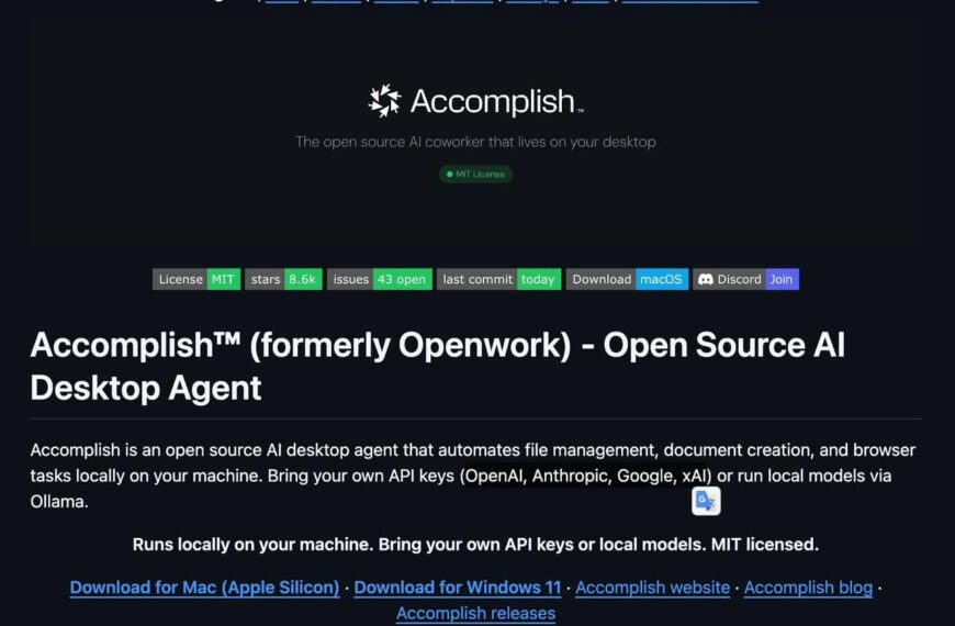 Сайт Accomplish: Открытый ИИ агент для управления файлами и документами на десктопе.