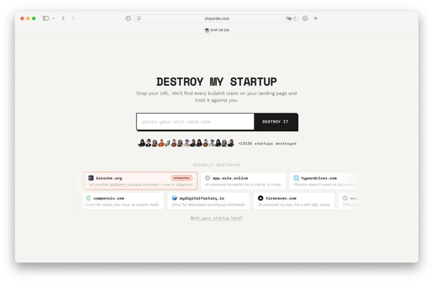 Веб-страница с сервисом проверки стартапов "Destroy My Startup".