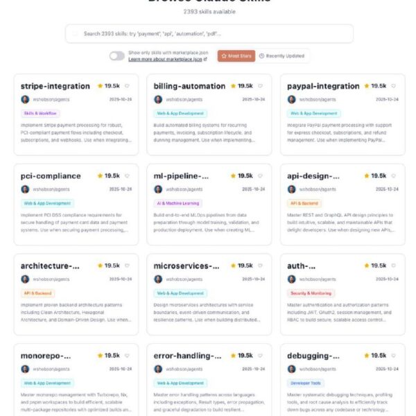 Список навыков Claude, 2393 доступно, сортировка по звёздам, 2023.