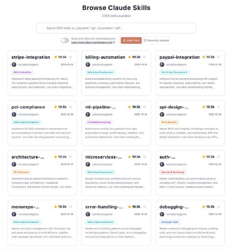 Список навыков Claude, 2393 доступно, сортировка по звёздам, 2023.