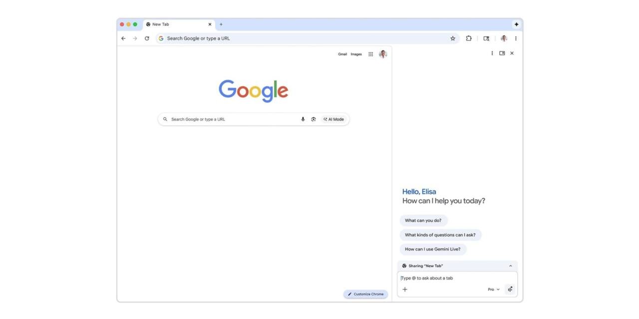Открытая вкладка в браузере с главным экраном поиска Google и окном чата сбоку.