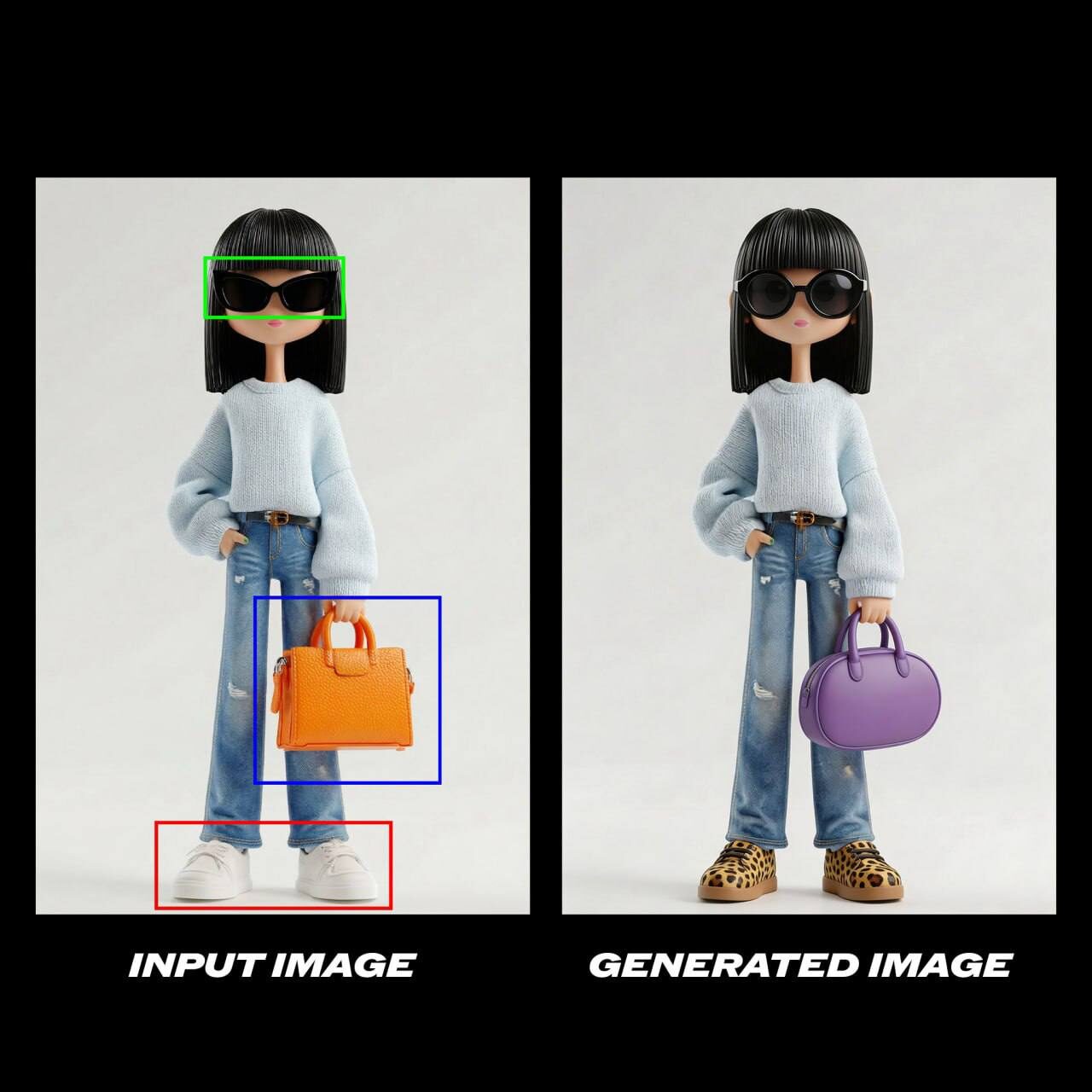 Seedream 5 Lite: быстрая и экономичная модель для автономной генерации изображений 2 Две куклы: одна с оранжевой сумкой и белыми кроссовками, другая с фиолетовой сумкой и леопардовыми ботинками.