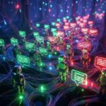 Маленькие роботы в сети с цветными светящимися обменами сообщениями. Технологии будущего.