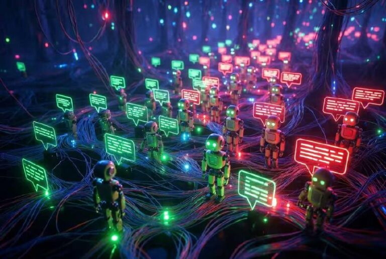 Маленькие роботы в сети с цветными светящимися обменами сообщениями. Технологии будущего.